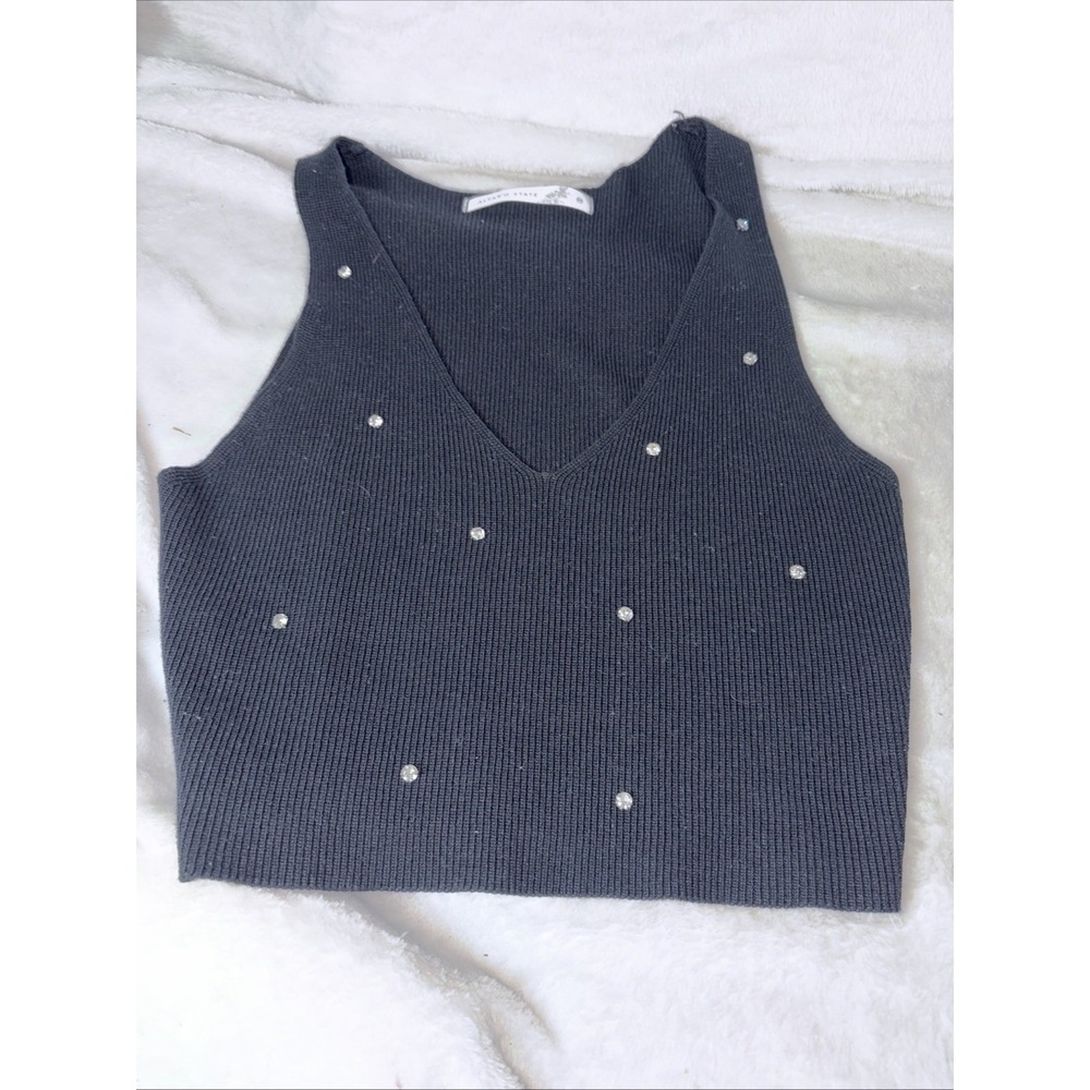 Altar'd State Black Knit Rhinestone Crop Top V-Neck Sleeveless Med Boho Glam EUC
